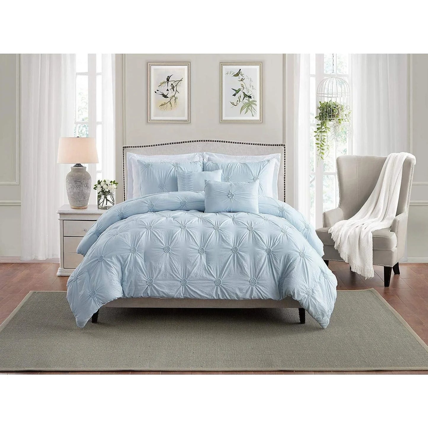 Blue Comforter Set - Ruched 3D Floral Pintuck Bedding Set - 2 Pieces Bed Linen, 1 Comforter and 1 Pillow Sham