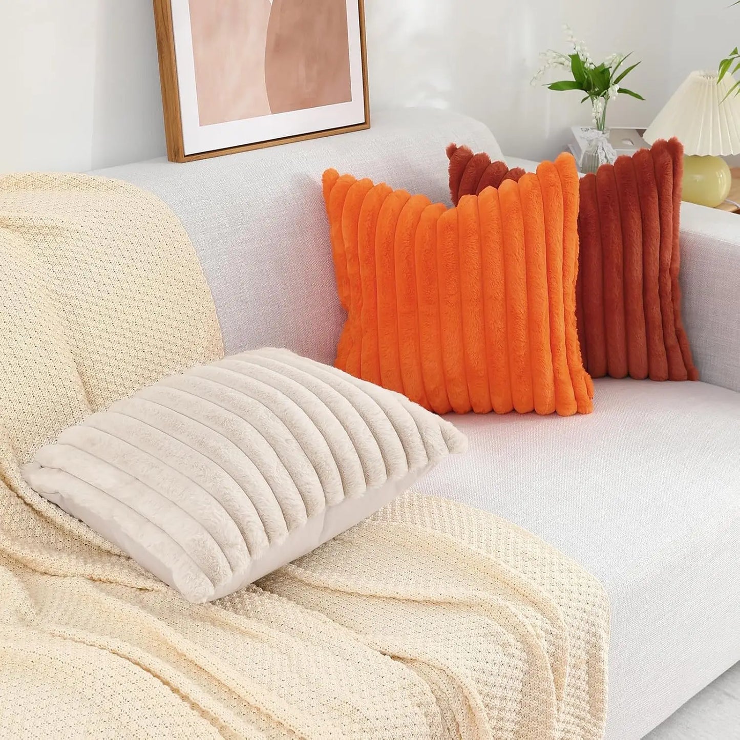 Spring Throw Pillow Covers 22X22 Set Of 2, Decorative Soft Plush Striped Couch Pillow Covers With Velvet Ba For Sofa, Bed,