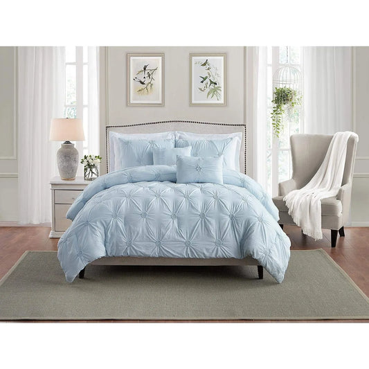 Blue Comforter Set - Ruched 3D Floral Pintuck Bedding Set - 2 Pieces Bed Linen, 1 Comforter and 1 Pillow Sham