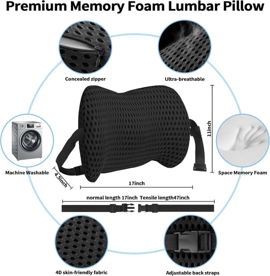 Lumbar Support Pillow With Adjustable Straps For Lower Ba Pain Relief. Memory Foam Lumbar Support Pillow For Car, Bed, Office