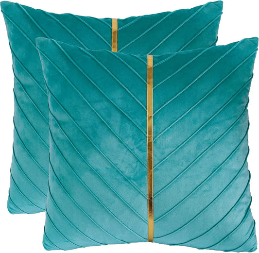 Aqua Green Velvet Throw Pillow Covers 22X22 H Pa Of 2 With Gold Leather Decorative Couch Pillow Cover Luxury Modern Pillowcases